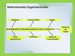 Determinantes Organizacionales
DETERMINANTES ORGANIZACIONALES DE LA CONDUCTA
Otros
Mecanismos
Conflictos Redes de
Comunicación
Objetivos Tareas y Roles
Sistemas
de
Poder
Reglas
 
