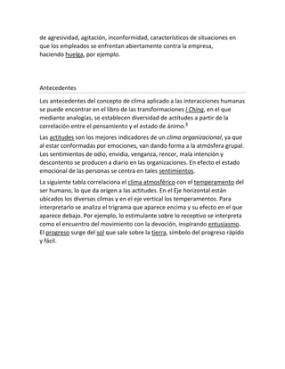 de agresividad, agitación, inconformidad, característicos de situaciones en
que los empleados se enfrentan abiertamente contra la empresa,
haciendo huelga, por ejemplo.
Antecedentes
Los antecedentes del concepto de clima aplicado a las interacciones humanas
se puede encontrar en el libro de las transformaciones I Ching, en el que
mediante analogías, se establecen diversidad de actitudes a partir de la
correlación entre el pensamiento y el estado de ánimo.6
Las actitudes son los mejores indicadores de un clima organizacional, ya que
al estar conformadas por emociones, van dando forma a la atmósfera grupal.
Los sentimientos de odio, envidia, venganza, rencor, mala intención y
descontento se producen a diario en las organizaciones. En efecto el estado
emocional de las personas se centra en tales sentimientos.
La siguiente tabla correlaciona el clima atmosférico con el temperamento del
ser humano, lo que da origen a las actitudes. En el Eje horizontal están
ubicados los diversos climas y en el eje vertical los temperamentos. Para
interpretarlo se analiza el trigrama que aparece encima y su efecto en el que
aparece debajo. Por ejemplo, lo estimulante sobre lo receptivo se interpreta
como el encuentro del movimiento con la devoción, inspirando entusiasmo.
El progreso surge del sol que sale sobre la tierra, símbolo del progreso rápido
y fácil.
 