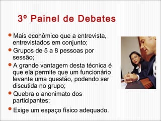 3º Painel de Debates
Mais econômico que a entrevista,

entrevistados em conjunto;
Grupos de 5 a 8 pessoas por
sessão;
A grande vantagem desta técnica é
que ela permite que um funcionário
levante uma questão, podendo ser
discutida no grupo;
Quebra o anonimato dos
participantes;
Exige um espaço físico adequado.

 
