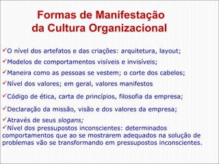 Formas de Manifestação
da Cultura Organizacional
O nível dos artefatos e das criações: arquitetura, layout; 
Modelos de comportamentos visíveis e invisíveis; 
Maneira como as pessoas se vestem; o corte dos cabelos; 
Nível dos valores; em geral, valores manifestos 
Código de ética, carta de princípios, filosofia da empresa; 
Declaração da missão, visão e dos valores da empresa; 
Através de seus slogans; 
Nível dos pressupostos inconscientes: determinados
comportamentos que ao se mostrarem adequados na solução de
problemas vão se transformando em pressupostos inconscientes. 

 