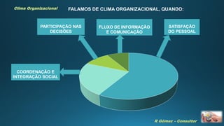 R Gómez – Consultor
Clima Organizacional
SATISFAÇÃO
DO PESSOAL
FALAMOS DE CLIMA ORGANIZACIONAL, QUANDO:
COORDENAÇÃO E
INTEGRAÇÃO SOCIAL
PARTICIPAÇÃO NAS
DECISÕES
FLUXO DE INFORMAÇÃO
E COMUNICAÇÃO
 