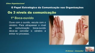 R Gómez – Consultor
Clima Organizacional
O Papel Estratégico da Comunicação nas Organizações
Os 3 níveis da comunicação
Ouve com o ouvido, escuta com o
cérebro. Para ultrapassar o nível
de comunicação boca-ouvido
deve-se convidar o cérebro a
entrar no processo.
1º Boca-ouvido
 