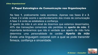 R Gómez – Consultor
Clima Organizacional
Na fase 1, praticamente nada acontece. Apenas nas fases 2 e 3.
A fase 2 é onde ocorre o aprofundamento dos níveis de comunicação
A fase 3 é onde se estabelece a confiança.
O aperto de mão é um sinal de dizermos que estamos desarmados.
40% das transações comerciais são perdidas no aperto de mão. É
importante lembrarmos que não é verdade que aperto de mão forte
determina uma personalidade de caráter. Aperto de mão
Existe uma linguagem corporal com a qual se pode transmitir
firmeza, confiança e sinceridade.
O Papel Estratégico da Comunicação nas Organizações
 
