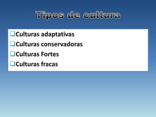 Culturas adaptativas
Culturas conservadoras
Culturas Fortes
Culturas fracas
 