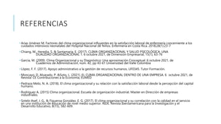 REFERENCIAS
• Arias Jiménez M. Factores del clima organizacional influyentes en la satisfacción laboral de enfermería concerniente a los
cuidados intensivos neonatales del Hospital Nacional de Niños. Enfermería en Costa Rica. 2018;28(1):23-7
• Chiang, M., Heredia, S. & Santamaria, E. (2017). CLIMA ORGANIZACIONAL Y SALUD PSICOLÓGICA: UNA
DUALIDAD ORGANIZACIONAL 1. 6 octubre 2021, de Dimensión Empresarial, 15(1), 63-76
• García, M. (2009). Clima Organizacional y su Diagnóstico: Una aproximación Conceptual. 6 octubre 2021, de
Cuadernos de Administración, núm. 42, pp 43-61 Universidad del Valle Colombia
• López, F. F. (2017). Apoyo administrativo a la gestión de recursos humanos. UF0345. Tutor Formación.
• Moncayo, D. Alvarado, P. &Soto, L. (2021). EL CLIMA ORGANIZACIONAL DENTRO DE UNA EMPRESA. 6 octubre 2021, de
Revista: CE Contribuciones a la Economía, EUMED
• Pedraza Melo, N. A. (2018). El clima organizacional y su relación con la satisfacción laboral desde la percepción del capital
humano.
• Rodríguez A. (2015) Clima organizacional. Escuela de organización industrial. Master en Dirección de empresas
industriales.
• Sotelo Asef, J. G., & Figueroa González, E. G. (2017). El clima organizacional y su correlación con la calidad en el servicio
en una institución de educación de nivel medio superior. RIDE. Revista Iberoamericana para la Investigación y el
Desarrollo Educativo, 8(15), 582-609.
 