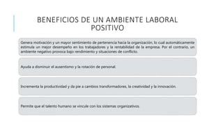 BENEFICIOS DE UN AMBIENTE LABORAL
POSITIVO
Genera motivación y un mayor sentimiento de pertenencia hacia la organización, lo cual automáticamente
estimula un mejor desempeño en los trabajadores y la rentabilidad de la empresa. Por el contrario, un
ambiente negativo provoca bajo rendimiento y situaciones de conflicto.
Ayuda a disminuir el ausentismo y la rotación de personal.
Incrementa la productividad y da pie a cambios transformadores, la creatividad y la innovación.
Permite que el talento humano se vincule con los sistemas organizativos.
 