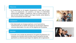 • Se fundamentan en el respeto interpersonal a todo nivel, el buen
trato y la cooperación, con sustento y en base a la efectividad,
productividad, utilidad, y obediencia, todo en limites precisos, sin
que se torne excesivo y llegue a dar lugar al estrés, acoso laboral y
otros inconvenientes de este estilo.
Relaciones
• Está relacionado con el apoyo oportuno, con el nacimiento y
mantenimiento de un espíritu de equipo en vías de lograr objetivos
comunes relacionado s a su vez, con los objetivos de la empresa.
Cooperación
• Conocido como sentido de pertenencia. El orgullo de pertenecer a la
empresa y ser miembro activo de ella y tener la sensación de estar
aportando sus esfuerzos para lograr los objetivos de la organización.
Identidad
 