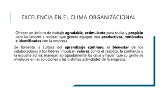 EXCELENCIA EN EL CLIMA ORGANIZACIONAL
Ofrecer un ámbito de trabajo agradable, estimulante para todos y propicio
para las labores a realizar, que genere equipos más productivos, motivados
e identificados con la empresa.
Se fomenta la cultura del aprendizaje continuo, el bienestar de los
colaboradores y los líderes impulsan valores como el respeto, la confianza y
la escucha activa; manejan apropiadamente las crisis y hacen que su gente se
involucre en las soluciones y las distintas actividades de la empresa.
 