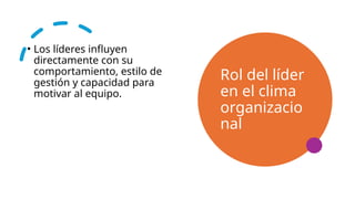 • Los líderes influyen
directamente con su
comportamiento, estilo de
gestión y capacidad para
motivar al equipo.
Rol del líder
en el clima
organizacio
nal
 