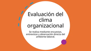 Evaluación del
clima
organizacional
Se realiza mediante encuestas,
entrevistas y observación directa del
ambiente laboral.
 
