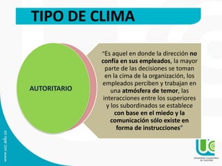 TIPO DE CLIMA
“Es aquel en donde la dirección no
confía en sus empleados, la mayor
parte de las decisiones se toman
en la cima de la organización, los
empleados perciben y trabajan en
una atmósfera de temor, las
interacciones entre los superiores
y los subordinados se establece
con base en el miedo y la
comunicación sólo existe en
forma de instrucciones”
AUTORITARIO
 