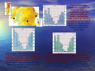 A temperatura média mensal mais elevada é de 22,6ºC em Agosto e a temperatura média mais baixa é de 11,3ºC em Janeiro. A amplitude térmica anual é de 11,3 ºC.  A precipitação é mais elevada de Outubro a Março e no ano chove 778,0 mm e há 4 meses secos. A temperatura média anual é de 15,6 ºC, a média mensal mais elevada é de 23,2ºC em Agosto e a média mensal mais baixa é de 8,8ºC em Janeiro. A amplitude térmica anual é de 14,4 ºC.  A precipitação é mais elevada de Outubro a Março, com Fevereiro menos chuvoso. No ano chove 655,6 mm e há 4 meses secos A temperatura média mensal mais elevada é de 24,8ºC em Julho e a temperatura média mais baixa é de 8,0ºC em Janeiro. A temperatura média anual é de 15,9 ºC e a amplitude térmica anual é de 16,8 ºC.   No ano chove 604,2 mm, sobretudo de Outubro a Abril e há 4 meses secos 