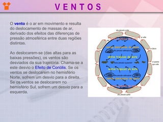 O vento é o ar em movimento e resulta 
do deslocamento de massas de ar, 
derivado dos efeitos das diferenças de 
pressão atmosférica entre duas regiões 
distintas.
Ao deslocarem-se (das altas para as 
baixas pressões), os ventos são 
desviados da sua trajetória. Chama-se a 
este desvio o Efeito de Coriólis. Se os 
ventos se deslocarem no hemisfério 
Norte, sofrem um desvio para a direita. 
Se os ventos se deslocarem no 
hemisfério Sul, sofrem um desvio para a 
esquerda. 

 