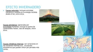 EFECTO INVERNADERO 
 Causas naturales: Incluyen actividad 
volcánica o cambios en la energía recibida 
desde el Sol, entre otros 
Causas antrópicas: (generadas por 
actividades humanas): Incluye la quema de 
combustibles fósiles, tala de bosques, entre 
otros. 
Causas climáticas internas: son variaciones en 
las corrientes marinas o la circulación 
atmosférica que pueden influir por periodos más 
cortos. 
 
