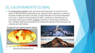 EL CALENTAMIENTO GLOBAL 
 El calentamiento global inicia una serie de alteraciones en la tierra entre 
ellas, el derretimiento acelerado de las capas de hielo, glaciares y nieves en 
las altas cumbres de todo el mundo. El agua liberada se acumula finalmente 
en el mar y podría en los próximos 45 años, aumentar el nivel del mar lo 
suficiente como para inundar ciudades costeras en zonas bajas y deltas de 
ríos. También alteraría fuertemente la producción agricola internacional y los 
sistemas de intercambio. 
 