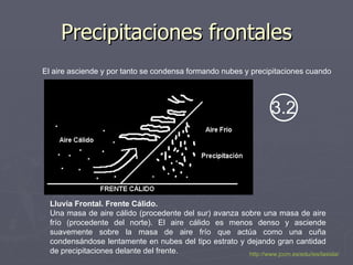 Precipitaciones frontales El aire asciende y por tanto se condensa formando nubes y precipitaciones cuando Lluvia Frontal. Frente Cálido. Una masa de aire cálido (procedente del sur) avanza sobre una masa de aire frío (procedente del norte). El aire cálido es menos denso y asciende suavemente sobre la masa de aire frío que actúa como una cuña condensándose lentamente en nubes del tipo estrato y dejando gran cantidad de precipitaciones delante del frente. http://www.jccm.es/edu/ies/lasisla/ 3.2 