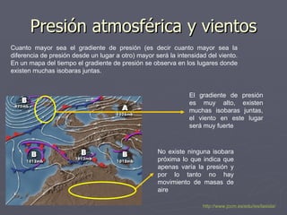 Presión atmosférica y vientos Cuanto mayor sea el gradiente de presión (es decir cuanto mayor sea la diferencia de presión desde un lugar a otro) mayor será la intensidad del viento. En un mapa del tiempo el gradiente de presión se observa en los lugares donde existen muchas isobaras juntas. El gradiente de presión es muy alto, existen muchas isobaras juntas, el viento en este lugar será muy fuerte No existe ninguna isobara próxima lo que indica que apenas varía la presión y por lo tanto no hay movimiento de masas de aire  http://www.jccm.es/edu/ies/lasisla/ 