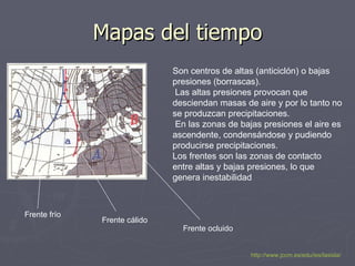 Mapas del tiempo Son centros de altas (anticiclón) o bajas presiones (borrascas). Las altas presiones provocan que desciendan masas de aire y por lo tanto no se produzcan precipitaciones. En las zonas de bajas presiones el aire es ascendente, condensándose y pudiendo producirse precipitaciones. Los frentes son las zonas de contacto entre altas y bajas presiones, lo que genera inestabilidad Frente frío Frente cálido Frente ocluido http://www.jccm.es/edu/ies/lasisla/ 