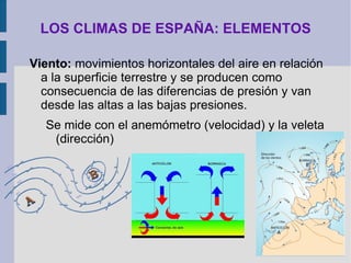 LOS CLIMAS DE ESPAÑA: ELEMENTOS Niebla:  suspensión de diminutas gotas de agua en la capa inferior de la atmósfera, se produce cuando la humedad del aire se condensa en la capa inferior de la atmósfera. 