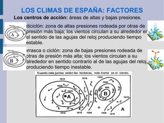 LOS CLIMAS DE ESPAÑA: ELEMENTOS Aridez:  relación entre temperatura y humedad,  aumenta con la temperatura y con la escasez de precipitaciones. Existen dos índices para calcularla:  índice de Gaussen: un mes es árido cuando 2T (ºC) > P (mm): el doble de su temperatura media es mayor o igual que el total de sus precipitaciones mensuales 