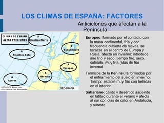 LOS CLIMAS DE ESPAÑA: FACTORES Mecanismos que actúan sobre los elementos y provocan sus variaciones F. Geográficos:  latitud 