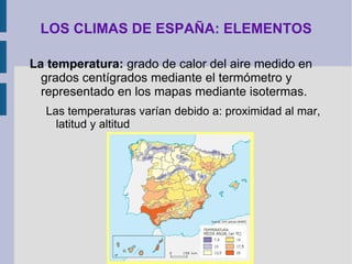 Insolación, nubosidad, temperatura, humedad, niebla, calima, presión, viento, precipitaciones, evaporación, aridez 
