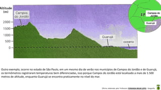 Oficina elaborada pela Professora FERNANDA BRUM LOPES - Geografia
Outro exemplo, ocorre no estado de São Paulo, em um mesmo dia de verão nos municípios de Campos do Jordão e de Guarujá,
os termômetros registraram temperaturas bem diferenciadas, isso porque Campos do Jordão está localizado a mais de 1.500
metros de altitude, enquanto Guarujá se encontra praticamente no nível do mar.
 