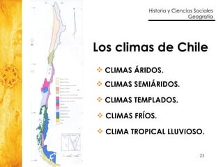 Los climas de Chile CLIMAS ÁRIDOS. CLIMAS SEMIÁRIDOS. CLIMAS TEMPLADOS. CLIMAS FRÍOS. CLIMA TROPICAL LLUVIOSO. 