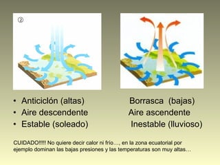 • Anticiclón (altas) Borrasca (bajas)
• Aire descendente Aire ascendente
• Estable (soleado) Inestable (lluvioso)
CUIDADO!!!!! No quiere decir calor ni frío…, en la zona ecuatorial por
ejemplo dominan las bajas presiones y las temperaturas son muy altas…
 