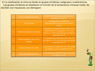   En la clasificación el clima se divide en grupos climáticos, subgrupos y subdivisiones.
    Los grupos climáticos se establecen en función de la temperatura mensual media. Se
escriben con mayúscula y se distinguen:
 