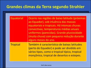 Grandes climas da Terra segundo Strahler

  Equatorial   Ocorre nas regiões de baixa latitude (próximas
               ao Equador), sob inluência das massas
               equatoriais e tropicais. Há intensas chuvas
               convectivas, temperaturas médias anuais
               uniformes (parecidas). Grande pluviosidade
               (muita chuva) com pequena redução durante
               alguns meses do ano.
  Tropical     Também é característico de baixas latitudes
               (perto do Equador) e pode ser dividido em
               vários tipos, como o tropical típico, tropical
               monçônico, tropical de desertos e estepes.


                         Profª. Lilian Larroca
 