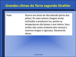 Grandes climas da Terra segundo Strahler

Polar       Ocorre em áreas de alta latitude (perto dos
            pólos). Os raios solares chegam muito
            inclinados e produzem luz, porém as
            temperaturas são baixas o ano inteiro. Seus
            verões são curtos (máximo dois meses) e
            invernos longos e rigorosos. Raramente
            chove.




                    Profª. Lilian Larroca
 