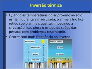 Inversão térmica

• Quando as temperaturas do ar próximo ao solo
  esfriam durante a madrugada, o ar mais frio fica
  retido sob o ar mais quente, impedindo a
  circulação. Isso piora o estado de saúde das
  pessoas com problemas respiratório.
• Ocorre com mais frequência no inverno.
 