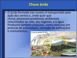 Chuva ácida

• O ácido formado nas nuvens é transportado pela
  ação dos ventos e, onde quer que
  chova, provocará problemas ambientais
  relacionados ao solo, aos vegetais, e à água.
  Produzirá também prejuízos, como manchas em
  pinturas de automóveis, corrosão de edificações
  e monumentos.
 