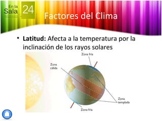 Factores del Clima
• Latitud: Afecta a la temperatura por la
inclinación de los rayos solares
 