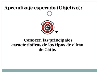 Aprendizaje esperado (Objetivo):
• Conocen las principales
características de los tipos de clima
de Chile.
 