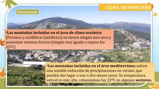 •Las montañas incluidas en el área de clima oceánico
(Pirineos y cordillera Cantábrica) no tienen ningún mes seco y
presentan veranos frescos (ningún mes iguala o supera los
22ºC)
•Las montañas incluidas en el área mediterránea sufren
una notable reducción de precipitaciones en verano, que
pueden dar lugar a uno o dos meses secos. Su temperatura
estival es más alta, rebasándose los 22ºC en algunos sectores.
Navacerrada
CLIMA DE MONTAÑA
 