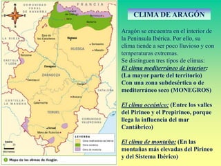 CLIMA DE ARAGÓN
Aragón se encuentra en el interior de
la Península Ibérica. Por ello, su
clima tiende a ser poco lluvioso y con
temperaturas extremas.
Se distinguen tres tipos de climas:
El clima mediterráneo de interior:
(La mayor parte del territorio)
Con una zona subdesértica o de
mediterráneo seco (MONEGROS)
El clima oceánico: (Entre los valles
del Pirineo y el Prepirineo, porque
llega la influencia del mar
Cantábrico)
El clima de montaña: (En las
montañas más elevadas del Pirineo
y del Sistema Ibérico)
 
