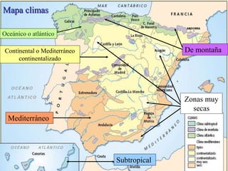 Mapa climas
Oceánico o atlántico
Continental o Mediterráneo
continentalizado
Mediterráneo
De montaña
Subtropical
Zonas muy
secas
 