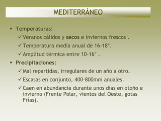 MEDITERRÁNEO

 Temperaturas:
    Veranos cálidos y secos e inviernos frescos .
    Temperatura media anual de 16-18°.
    Amplitud térmica entre 10-16° .
 Precipitaciones:
    Mal repartidas, irregulares de un año a otro.
    Escasas en conjunto, 400-800mm anuales.
    Caen en abundancia durante unos días en otoño e
     invierno (Frente Polar, vientos del Oeste, gotas
     Frías).
 