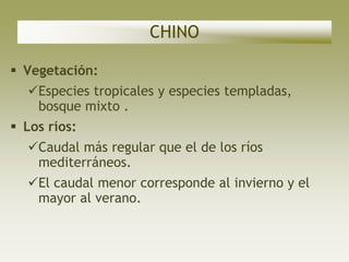 CHINO

 Vegetación:
  Especies tropicales y especies templadas,
   bosque mixto .
 Los ríos:
  Caudal más regular que el de los ríos
   mediterráneos.
  El caudal menor corresponde al invierno y el
   mayor al verano.
 