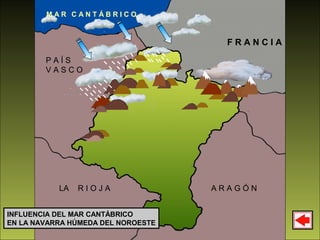 F R A N C I A
A R A G Ó NLA R I O J A
P A Í S
V A S C O
M A R C A N T Á B R I C O
INFLUENCIA DEL MAR CANTÁBRICO
EN LA NAVARRA HÚMEDA DEL NOROESTE
 
