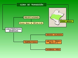 CLIMA DE TRANSICIÓN
CARACTERÍSTICAS
GENERALES
PRECIPITACIONES
TEMPERATURAS
VERANOS CALUROSOS
AMPLITUD TÉRMICA
Más de 17º C
INVIERNOS FRÍOS
Escasas. Menos de 800 mm al año
ZONA MEDIA
 