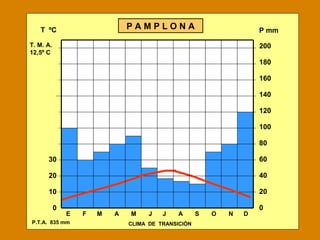 E F M A M J J A S O N D
200
180
160
140
120
100
80
60
40
20
0
T ºC
30
20
10
0
P mmP A M P L O N A
CLIMA DE TRANSICIÓNP.T.A. 835 mm
T. M. A.
12,5º C
 