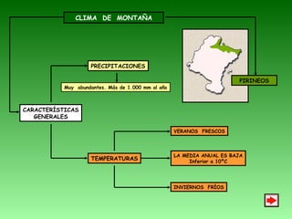 CLIMA DE MONTAÑA
CARACTERÍSTICAS
GENERALES
PRECIPITACIONES
TEMPERATURAS
VERANOS FRESCOS
LA MEDIA ANUAL ES BAJA
Inferior a 10ºC
INVIERNOS FRÍOS
PIRINEOS
Muy abundantes. Más de 1.000 mm al año
 