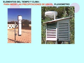 ELEMENTOS DEL TIEMPO Y CLIMA :
PARA MEDIR LAS PRECIPITACIONES SE USA EL PLUVIOMETRO
 