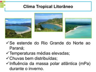 Se estende do Rio Grande do Norte ao Paraná; 
Temperaturas médias elevadas; 
Chuvas bem distribuídas; 
Influência da massa polar atlântica (mPa) durante o inverno. 
Clima Tropical Litorâneo  