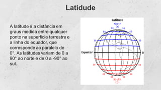 Latidude
A latitude é a distância em
graus medida entre qualquer
ponto na superfície terrestre e
a linha do equador, que
corresponde ao paralelo de
0°. As latitudes variam de 0 a
90° ao norte e de 0 a -90° ao
sul.
 