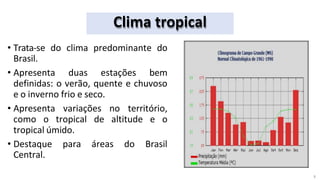 Clima tropical
• Trata-se do clima predominante do
Brasil.
• Apresenta duas estações bem
definidas: o verão, quente e chuvoso
e o inverno frio e seco.
• Apresenta variações no território,
como o tropical de altitude e o
tropical úmido.
• Destaque para áreas do Brasil
Central.
7
 