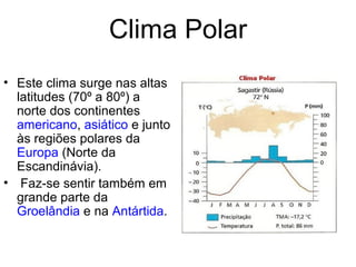 Clima Polar
• Este clima surge nas altas
latitudes (70º a 80º) a
norte dos continentes
americano, asiático e junto
às regiões polares da
Europa (Norte da
Escandinávia).
• Faz-se sentir também em
grande parte da
Groelândia e na Antártida.
 